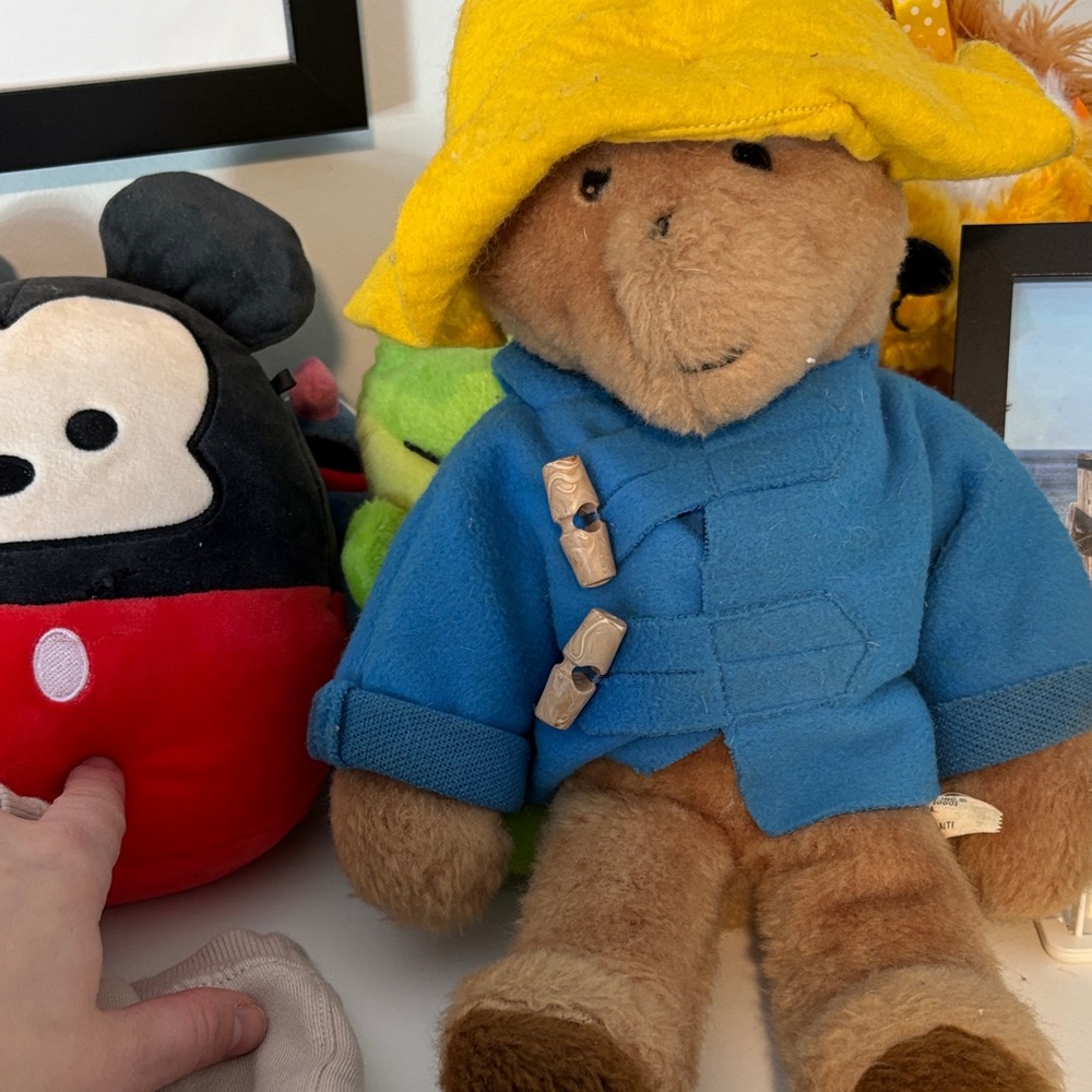 Charming vintage paddington Brown Teddy Bear with Yellow Hat and Blue Coat
